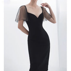 Lizakosht Black Chic Split Dress Women V-neck Short-sleeve Backless Elegance Dresses Ladies Clothing Business High Waisted Vestido Luxury