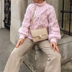 Lizakosht Autumn/Winter New Fashion All-match Solid Color Ball-shaped Knitted Long Sleeve Sweater Korean Pink Casual Loose Sweater