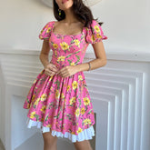 Lizakosht Women Hem Summer Dress Elegant French Floral Print Loose Dress Ladies Chic Casual Short Sleeve Square Collar Waist Party Dress