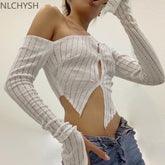 Casual grid Hollow Out Crop Top For Women Long Sleeve Sexy O Neck Pullover Slim Slant Button T Shirts Y2K 2022 Autumn