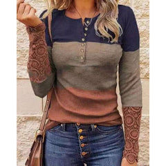 Lizakosht Autumn Winter Colorblock Contrast Lace Long Sleeve Top Round Neck Long Sleeve Pullover Tops Women Casual Daily Wear Clothes