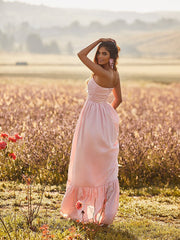 Pastoral Style Summer Women'S Dress One Word Collar Sleeveless Open Back Solid Color Sexy Dress Simple Stitching Pink Dresses