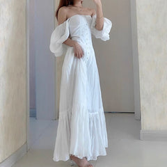 Lizakosht White Elegant Dress for Women Strapless Single-breasted Vintage Bodycon Dresses Lady High Waisted Puff Sleeve Clothing Party