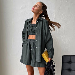 Lizakosht Summer Autumn Y2K INS Women 3 Piece Shorts Set Elegant Plaid Long Sleeve Shirt Strapless Top Shorts Vacation Outfits Tracksuit