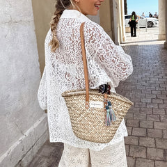 Lizakosht Summer Lace Hollow Out Shirt Top for Women Y2K INS Clothes Long Lantern Sleeve Single Breasted Loose T-shirt Blouse