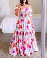 Wepbel 2022 Slash Collar Maxi Dress Women Off-Neck Printed Large-Hem Tube Top Dresses Slim Fits Full Length Bohe Dress Vestidos