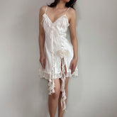 Lizakosht Women's Y2K Vintage Summer Mini Sundress Casual Sleeveless V Neck 3D Rosette Split Hem Ruffle A-Line Dress Beachwear