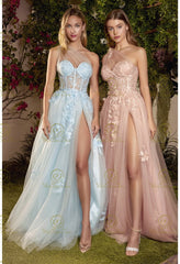 Tulle Formal Prom Gown Long Sheer Boning Bodice One Shoulder Floral Applique Skirt Leg Slit Prom Formal Gala Dress Evening Party