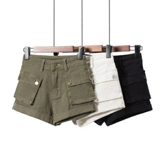 Lizakosht Summer Women High Waist Frock Shorts Army Green Black White Casual Female Ladies Shorts Two Pockets