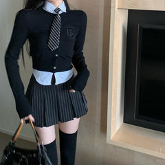 Vintage Preppy Style Striped Pleated Skirt Women Sexy Cute Korean Fashion High Waist Y2K 90s A-line Black Mini Skirts