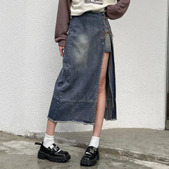 Lizakosht Wrap Midi Long Women Denim Skirt High Split Vintage High Waist Women Streetwear Y2K Kawaii Skirts Fashion Maxi Skirt