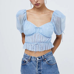 Summer 2022 Women Solid Vintage Puff Sleeve Transparent Mesh Tops V Neck Short Sleeve Shirt Female Crop All-match Slim Blouse