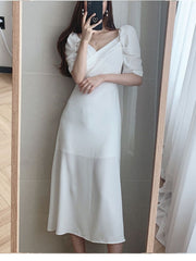 Summer Women Korean Style Chic Sweet Puff Sleeve Dress Female Lace Up Elegant Clothes