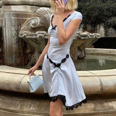 Lizakosht Elegant Lady Lace Trim V Neck Mini Dress Chic Women Birthday Club Party Night A-line Dress Vintage Y2K French Romance Streetwear