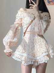 Lizakosht Print France Elegant Two Piece Set Women Lace Sweet Party Cake Skirt Suit Female Chiffon Korea Off Shoulder Sexy Set Summer