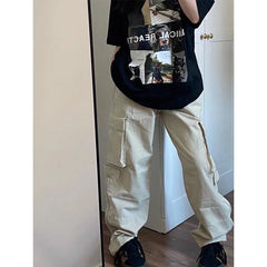 Retro Couples Straight New Oversized Pocket Cargo Pants Girls Casual Pants Streetwear Wide Leg Pants Apricot Cargo Pants