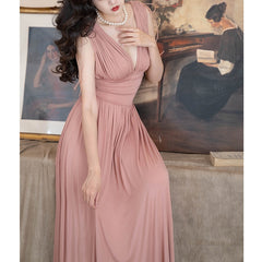 Lizakosht New Elegant Womens Dress V-neck High Stretch Sleeveless Bodycon Dress Vintage High Waisted Sexy Party Women's Clothing Evening