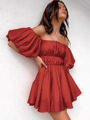 Cotton Puff Sleeve Slash Neck Women's Dress Brick Red Fold A-line Dresses Ladies 2022 Summer Elegant Mini Female Vestidos