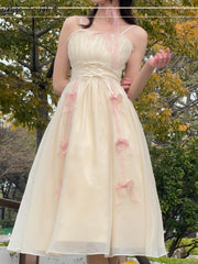 Vintage Elegant Evening Party Midi Dress Women Bow France Kawaii Princess Strap Dress Female Retro Sweet Fairy Dress Summer 2022