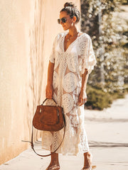 Lizakosht Fitshinling Bohemian Vintage Maxi Dress Summer Swimwear V Neck Flower White Boho Long Pareo Holiday Sheer Sexy Bikini Cover Up