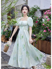 Lizakosht Summer Romantic Green Print Dress Woman Retro French Style Puff Sleeve Elegant Lady Midi Dresses For Date Party Vestido Festa