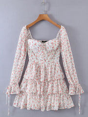 Lizakosht Lolita Women's Mini Dresses Flower Printing Square Neck Robes for Women Sweet SLady Long Sleeve Ruffles Ladies Veastidos