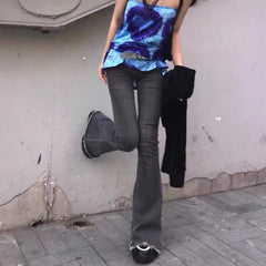 Feiernan Y2k Grey High Waist Jeans for Women Harajuku Flare Pants Classic Denim Full Length Trousers Punk Vintage Bell Bottoms