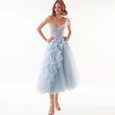 Lizakosht Fashion Women Summer Mesh Tulle One Shoulder Bow Prom Evening Dresses Female Elegant Midi Long Vesidos Blue