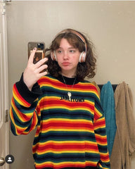 Lizakosht Autumn Women Knitted Sweater Y2K Rainbow Striped Sweater Embroidery Letter Knitwear Pullover Tops Loose oversized sweater jumper