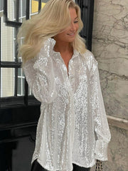 Lizakosht Winter Y2K Green Fashion Elegant Sequins Shirts Women Long Sleeve V Neck Party Sexy Club Long Casual Blouse Shirt