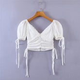 Elegant white lace top short sleeve korean fashion blouses for women 2022 Summer backless top ruched puff sleeve top cotton