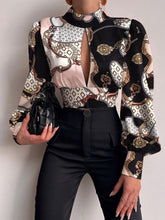 Vintage Print Lantern Sleeve Lace-Up Womens Shirt 2022 Elegant Hollow Out Backless Crop Top Sexy Fashion Turtleneck Blusa Blouse