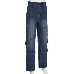 Lizakosht Retro Vintage Blue Cargo Denim Pants Pantalones De Mujer Mom Harajuku Hip Hop Patchwork Trousers Y2k Baggy Jeans Streetwear