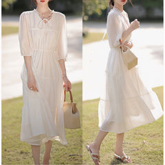 Lizakosht Women's New Spring New Style Wooden Ear Tie Fashion Lantern Sleeve Dress