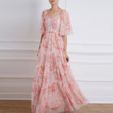 Lizakosht Vacation Floral Print Long Dress Women Short Sleeve Boho Fairy 3 Layers Mesh Pink Fit Flare Party Vestidos Runway Clothes F281