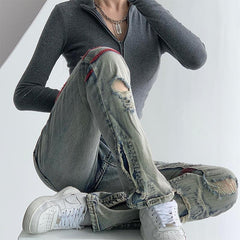 Contrast color straight ripped jeans for women y2k streetwear niche design hiphop high waisted jeans women 2022 summer plus size