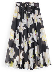 Summer Women Flower Printing High Waist Skirt Chiffon With Belt Ladies Vintage Elegant Skirts Pleated