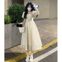 Lizakosht Square Neck Dress Feminine Bowknot Waist Closed Princess Skirt Bubble Short Sleeve Sundress Women Clothing Za Fashion Vintage