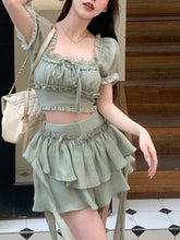 Lizakosht Green France Sweet Two Piece Set Women Summer Korean Style Mini Skirt Suit Female Elegant Puff Sleeve Tops+Irregular Skirts