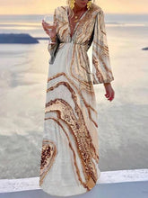 Lizakosht Elegant Flare Long Sleeve High Waist Boho Beach Dress Women Vintage Print Deep V Maxi Dress Fashion Women Casual Chic Long Dress