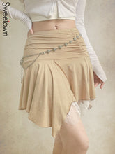 Lizakosht Lace Patchwork Irregular Y2K Pleated Skirts Woman Ruched Low Waist Cute Kawaii Clothes Khaki Vintage Preppy Mini Skirt