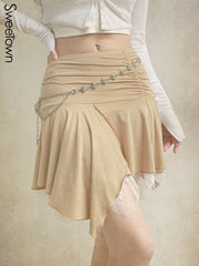 Lizakosht Lace Patchwork Irregular Y2K Pleated Skirts Woman Ruched Low Waist Cute Kawaii Clothes Khaki Vintage Preppy Mini Skirt