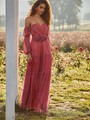 New Summer Women'S Dress One Word Neck Long Sleeve Solid Color Dresses Sexy Backless Pastoral Style Wine Red Lace Dress