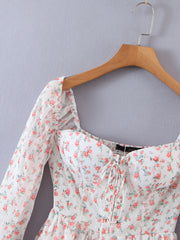 Lizakosht Lolita Women's Mini Dresses Flower Printing Square Neck Robes for Women Sweet SLady Long Sleeve Ruffles Ladies Veastidos