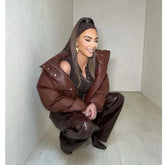 Lizakosht Winter New Women PU Leather Cotton Coat Zipper Stand Collar Short Coat Cotton-padded Jacket Brown Streetwear Casual Ladies