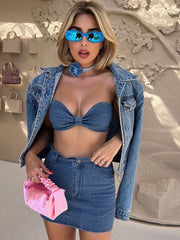 Lizakosht Autumn Women Clothing Fashion Denium Mini Skirt Set Strapless Tops Slim Fit Backless Mifring Baring Spice Girls Style