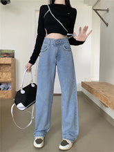 Lizakosht Women's Burr Edge Design Blue Jeans Fashion Cool American Casual High Waist Straight Trousers Female Vintage Wide Leg Pants