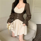 Lizakosht Contrast Color Patchwork Long Sleeve Mini Dress Women Spring Slim Waist Button Sexy Party Clothes Fake Two Piece Dresses Female