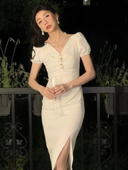 Lizakosht Summer Elegant Women Bodycon Vintage Midi Dress Vestidos Female Slim Party New Clothes