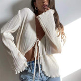 Lizakosht Women's Top Summer and Autumn Fashion Solid Color Loose Cardigan Top Women's Sexy Lace-up V-neck Irregular Flare Sleeve Top